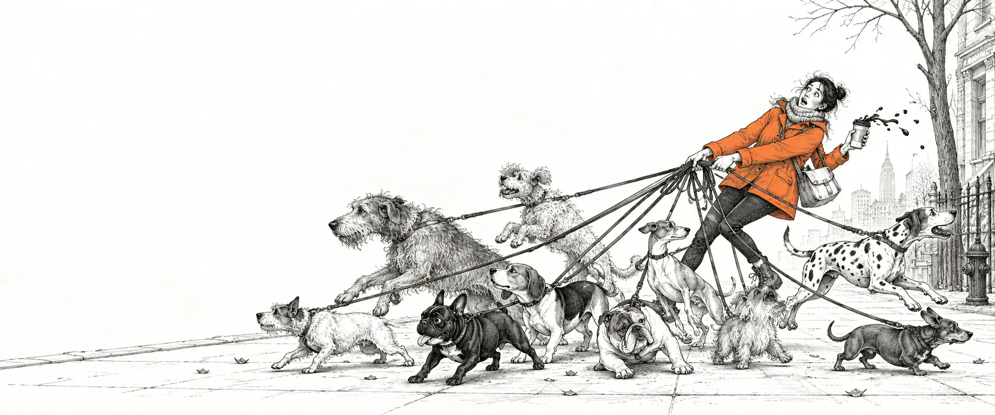 A pen-and-ink drawing of a dog walker pulled in every direction by ten dogs on ten leashes, her coat the only colour