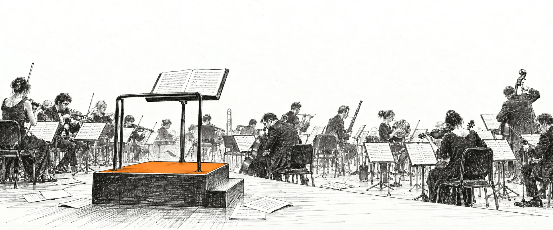 A pen-and-ink drawing of an orchestra playing on stage around an empty conductor's podium, the podium the only colour
